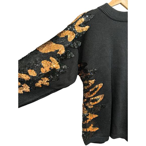 Vintage Black Wool Blend Sequin Sweater Medium Glam Animal Leaf Party Pullover - Picture 7 of 12